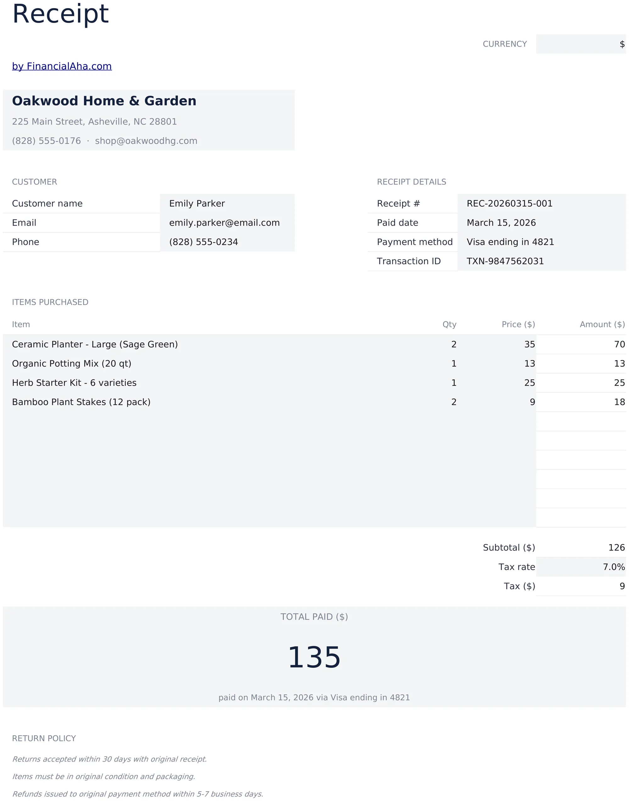 Receipt Template preview