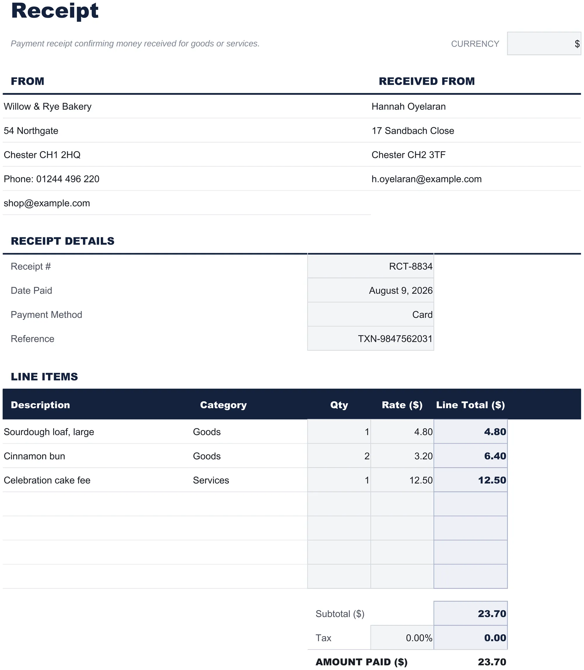 Free Receipt Spreadsheet Template for Google Sheets & Excel - dashboard preview