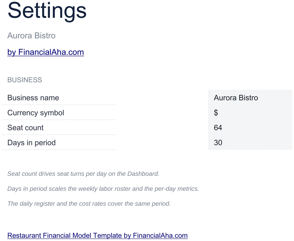 Restaurant Financial Model Settings