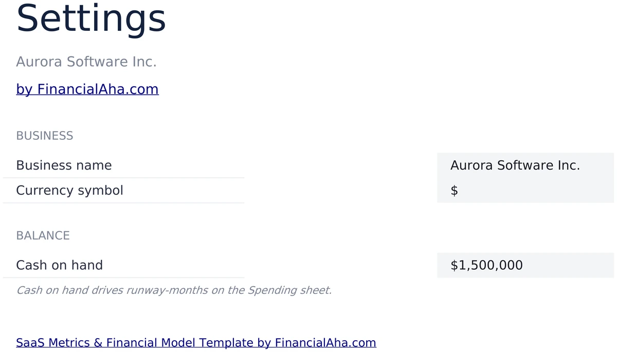 SaaS Metrics Model Settings