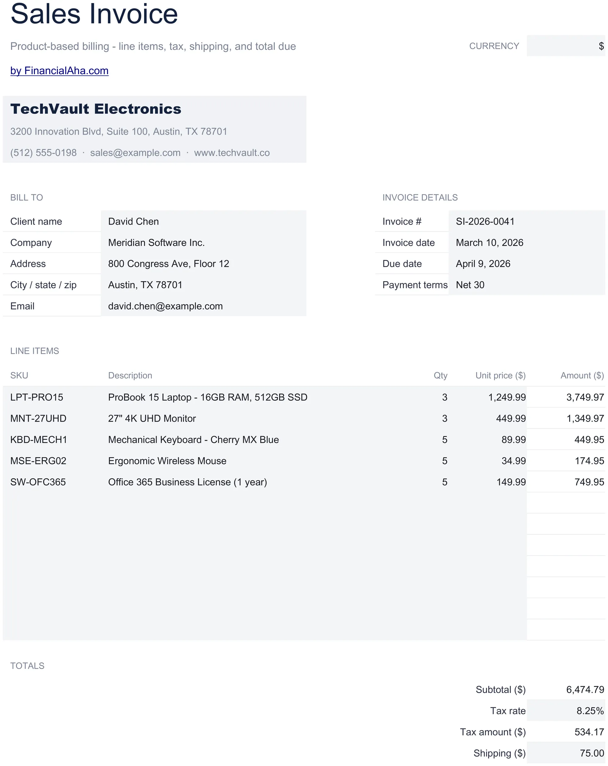 Essentials Sales Invoice spreadsheet template - Google Sheets and Excel preview
