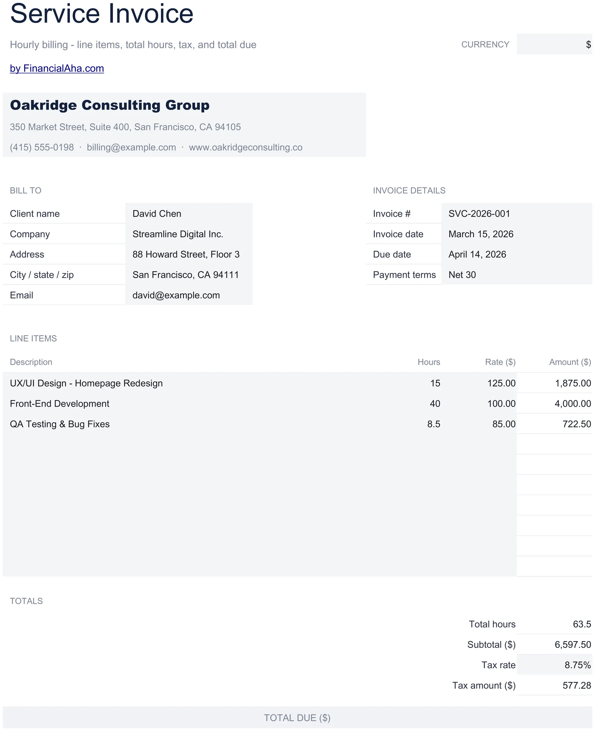 Essentials Service Invoice spreadsheet template - Google Sheets and Excel preview
