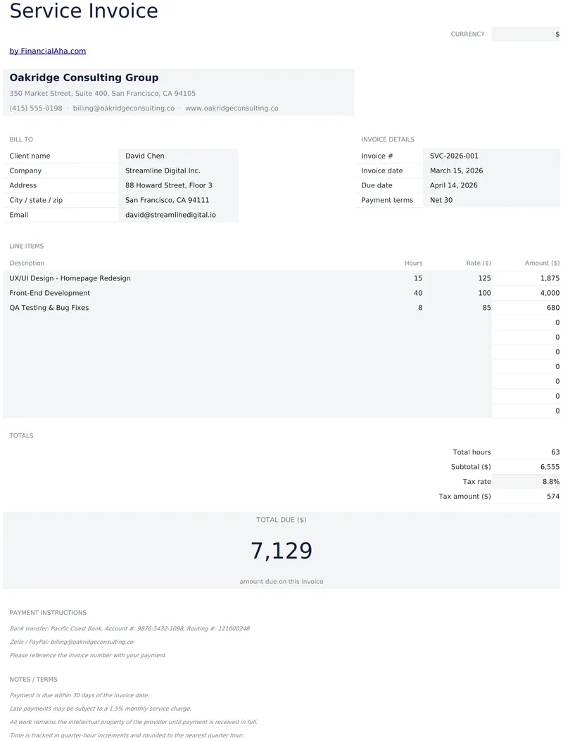 Service Invoice preview