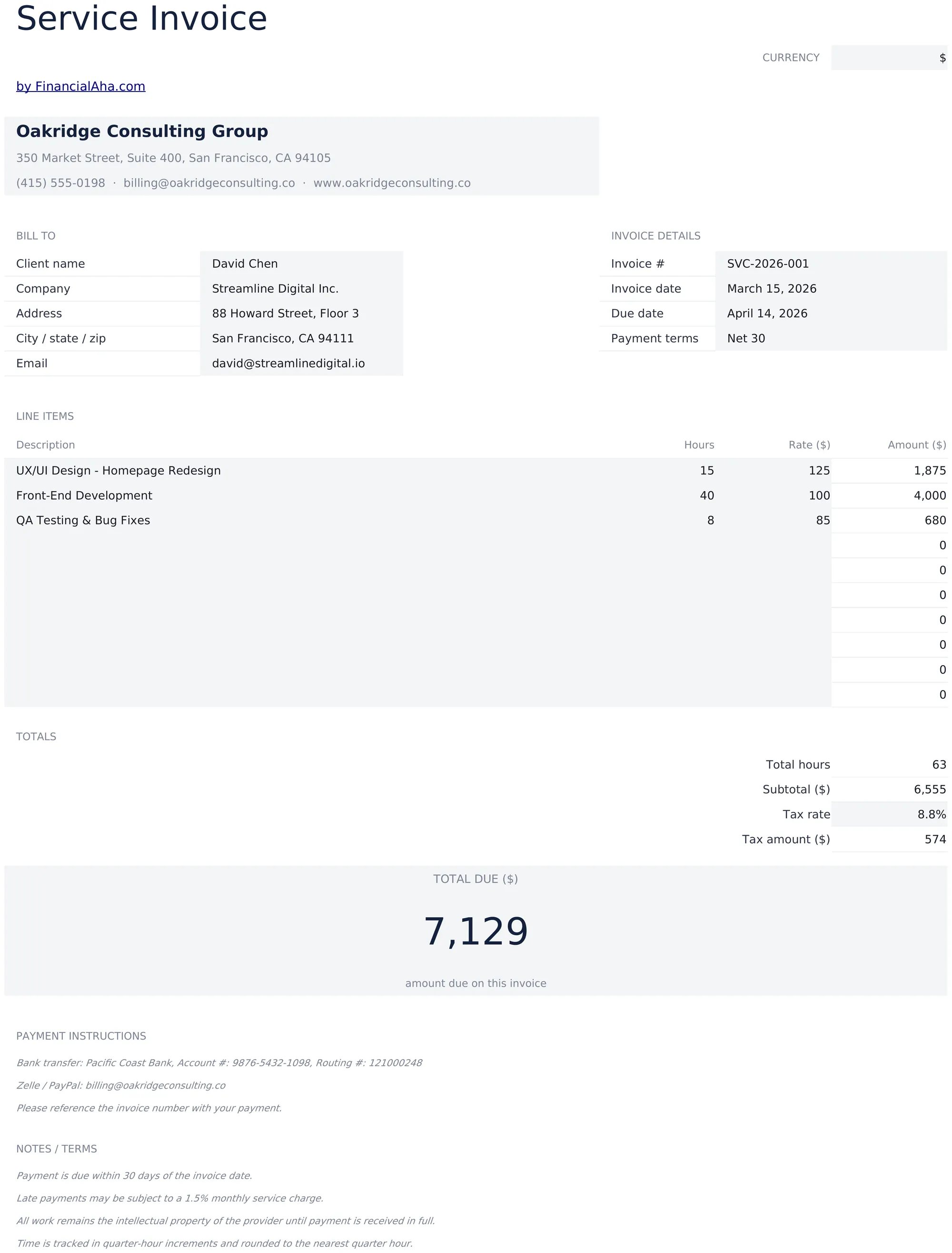 Service Invoice preview