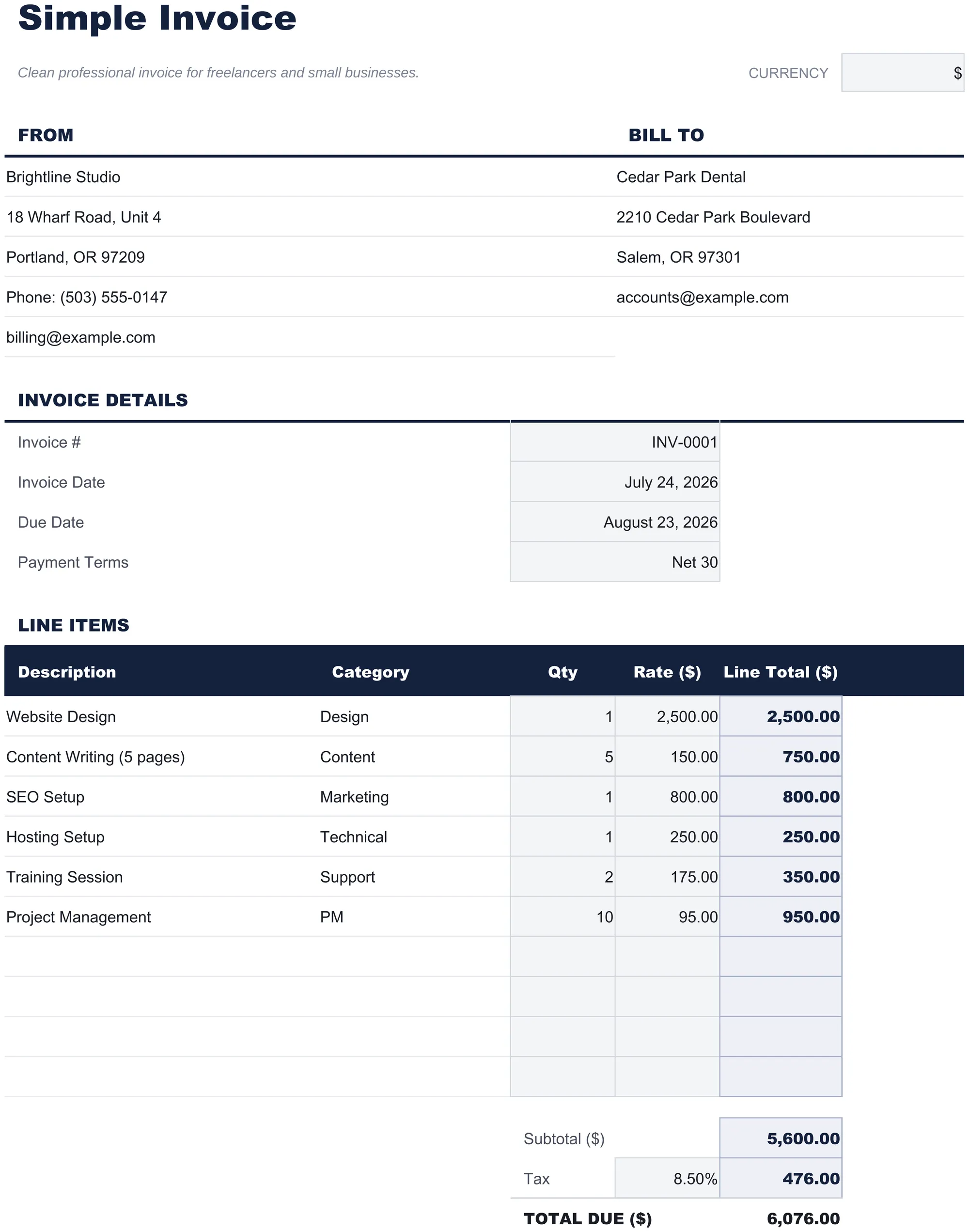 Free Simple Invoice Spreadsheet Template for Google Sheets & Excel - dashboard preview