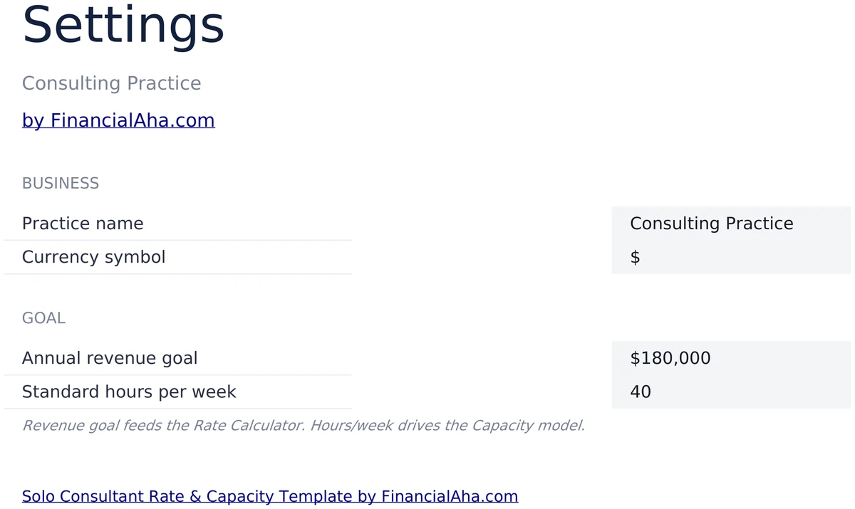 Solo Consultant Settings Sheet with Goal and Hours per Week