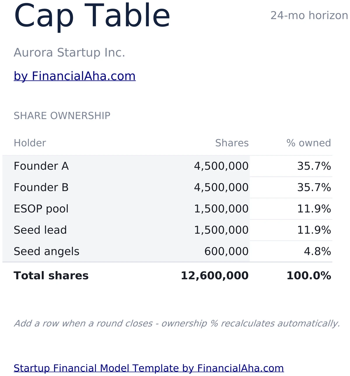 Startup Cap Table with Holders and Ownership %