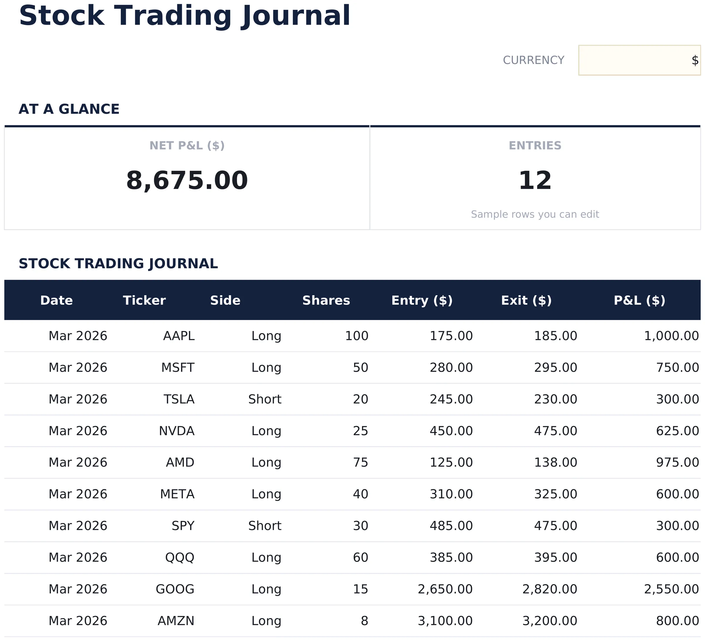 Stock Trading Journal preview