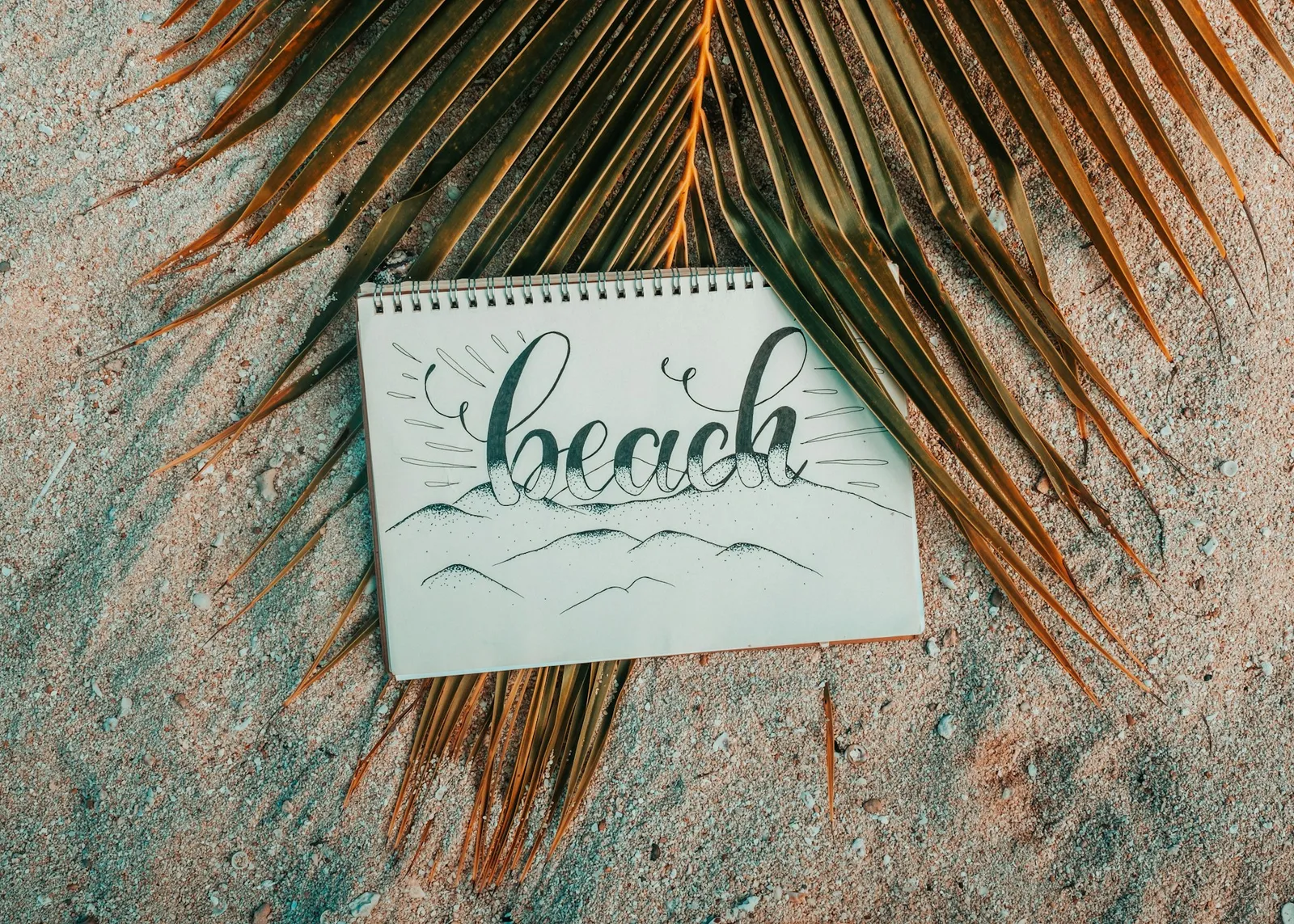 Overhead flat-lay of an open sketchpad and pen resting on light beach sand