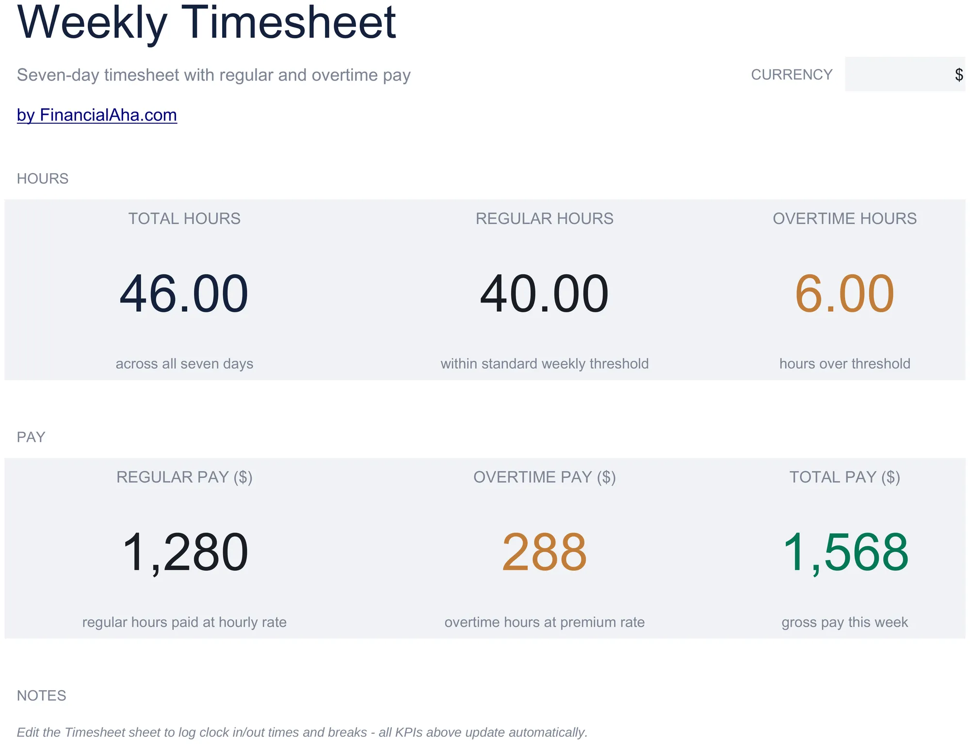 Essentials Weekly Timesheet spreadsheet template - Google Sheets and Excel preview