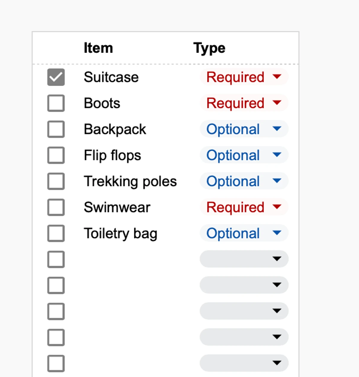 Packing List Feature