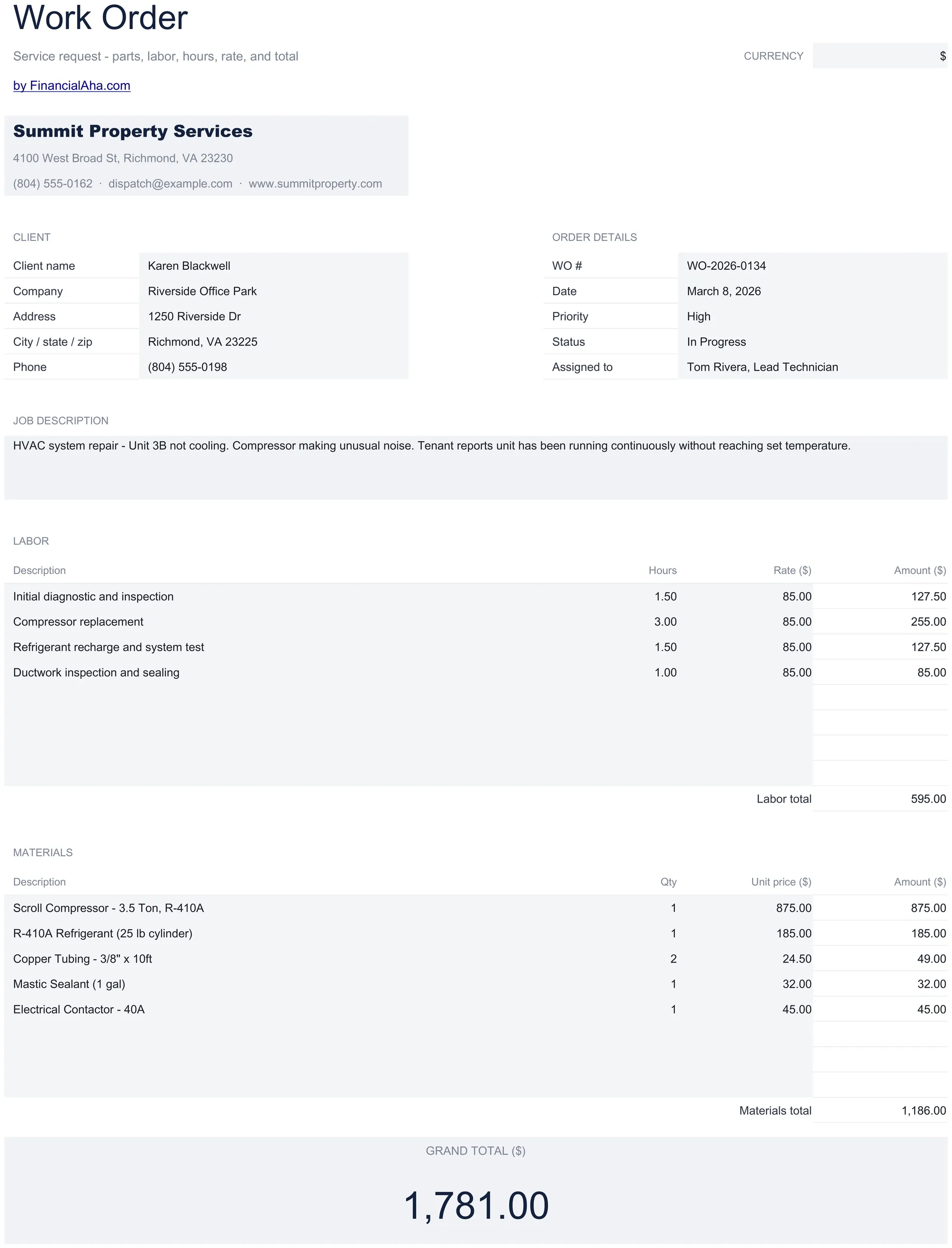 Essentials Work Order spreadsheet template - Google Sheets and Excel preview