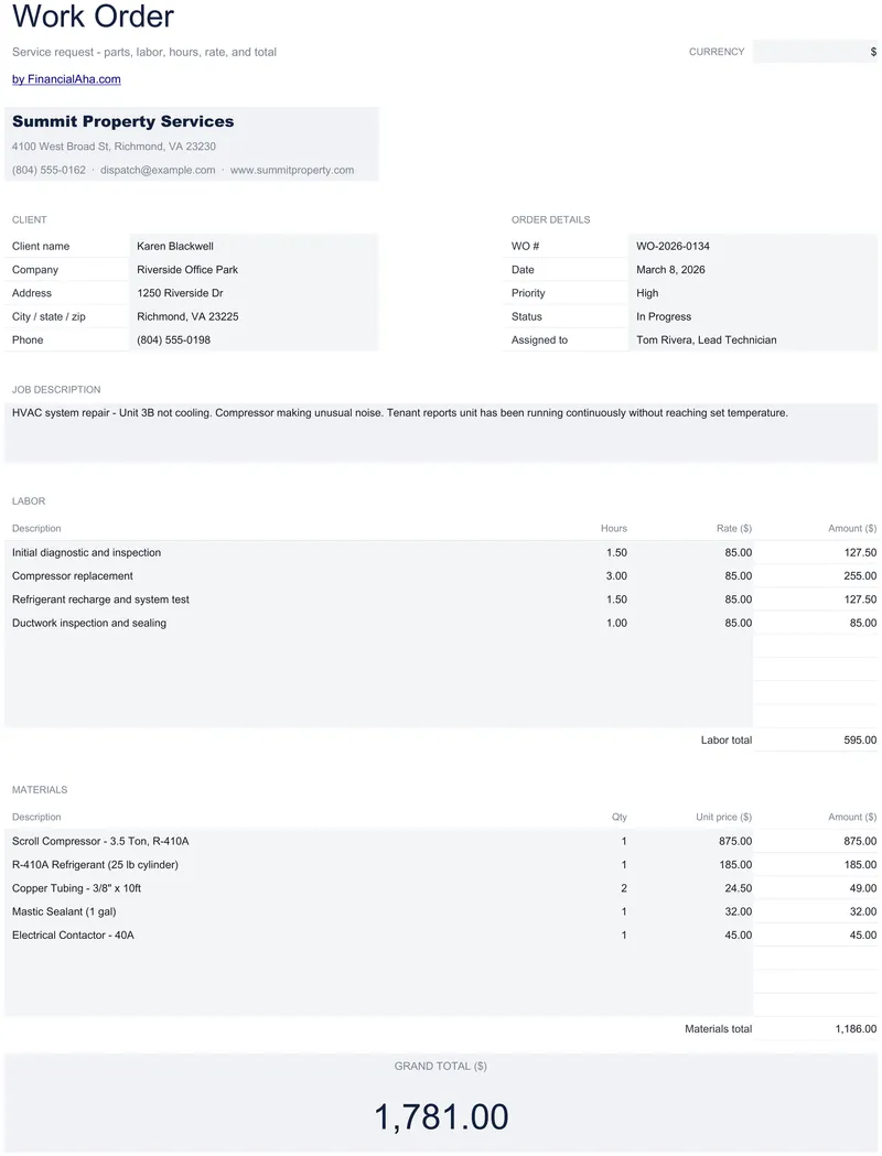 Work Order preview