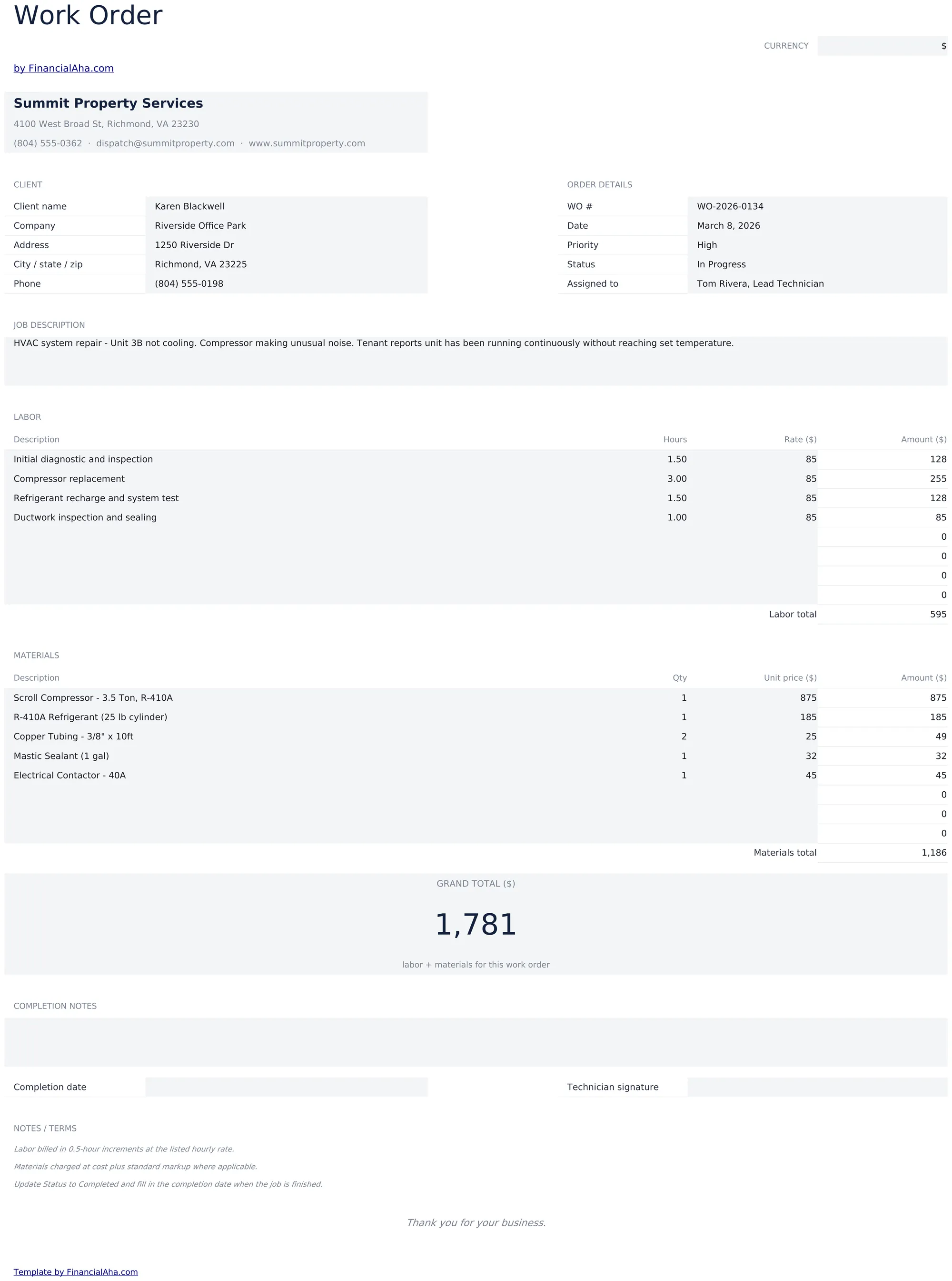 Work Order preview