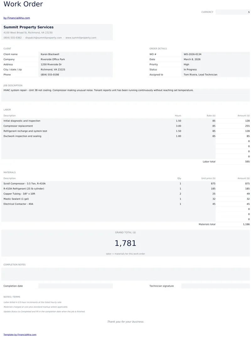 Work Order preview