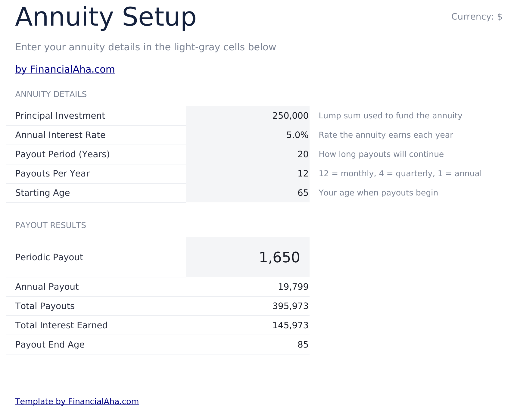 Annuity Calculator - Annuity Setup