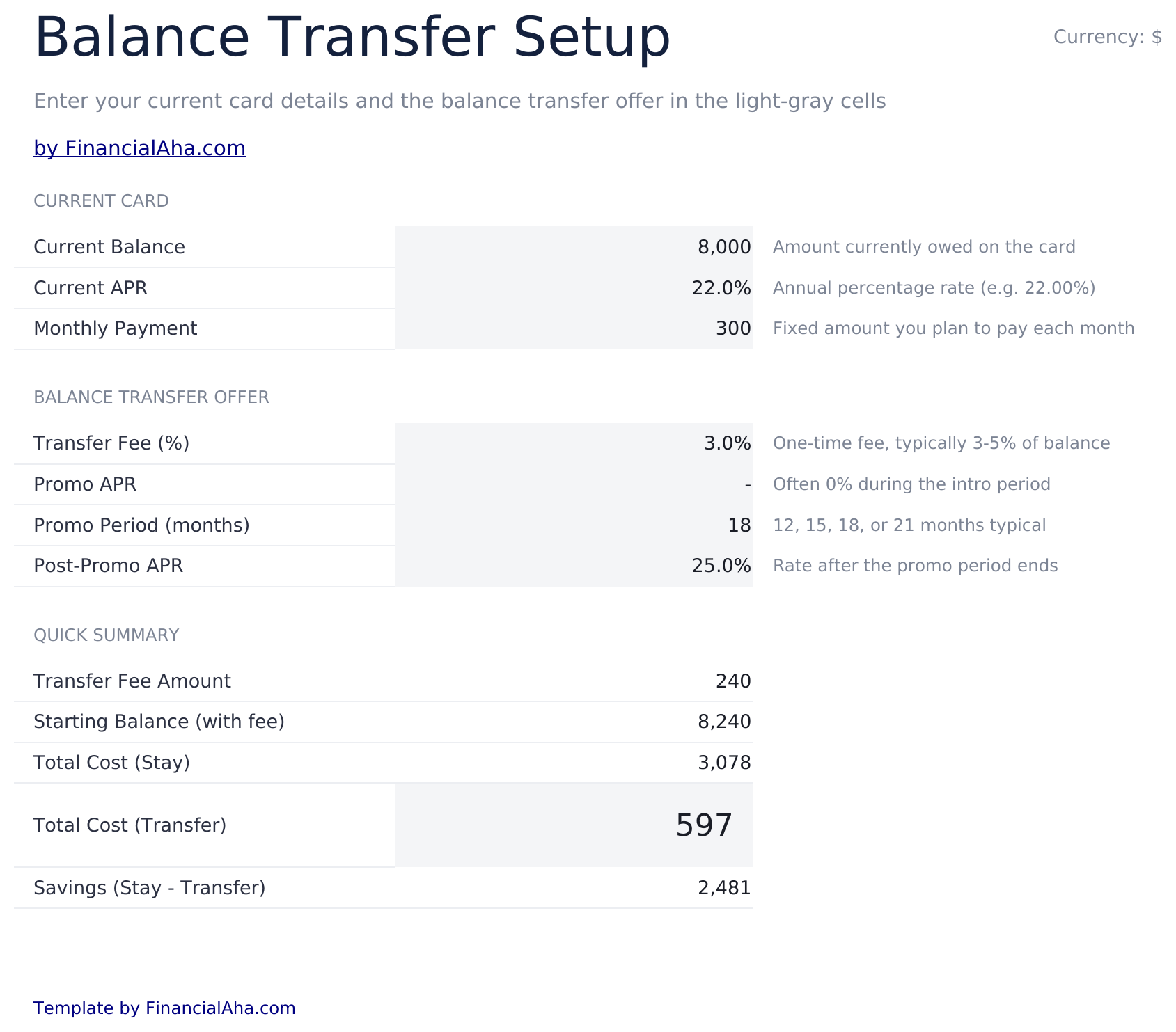 Balance Transfer Calculator - Balance Transfer Setup