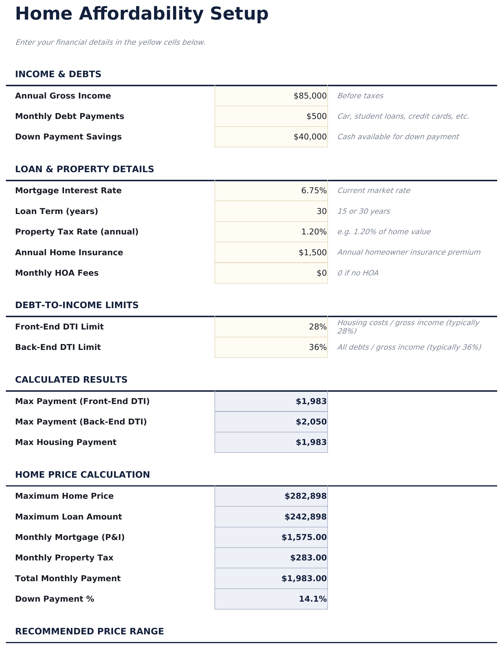 Home Affordability Calculator - Affordability Setup