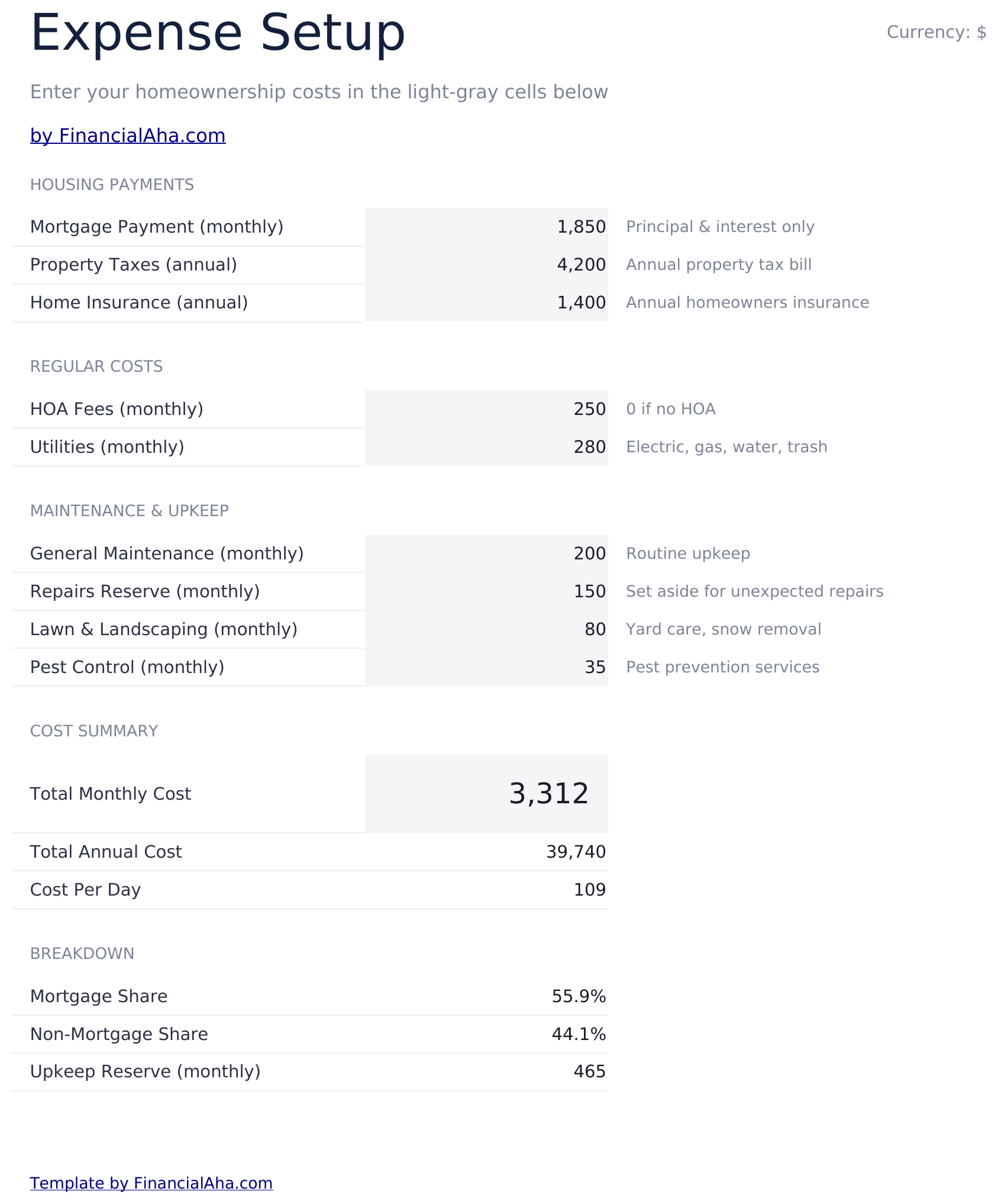 Home Expense Calculator - Expense Setup