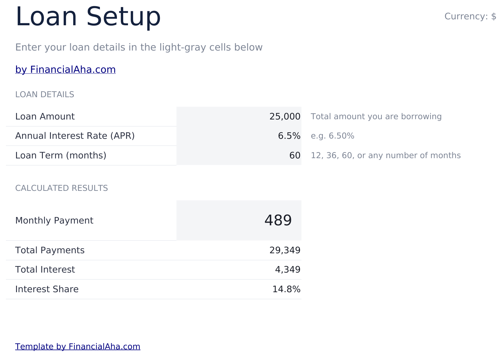 Loan Payment Calculator - Loan Setup