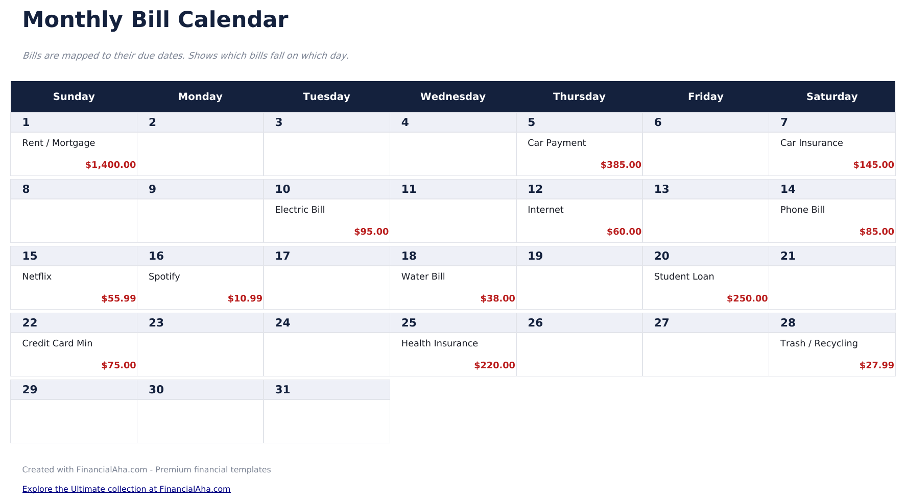 Monthly Budget Calendar - Calendar
