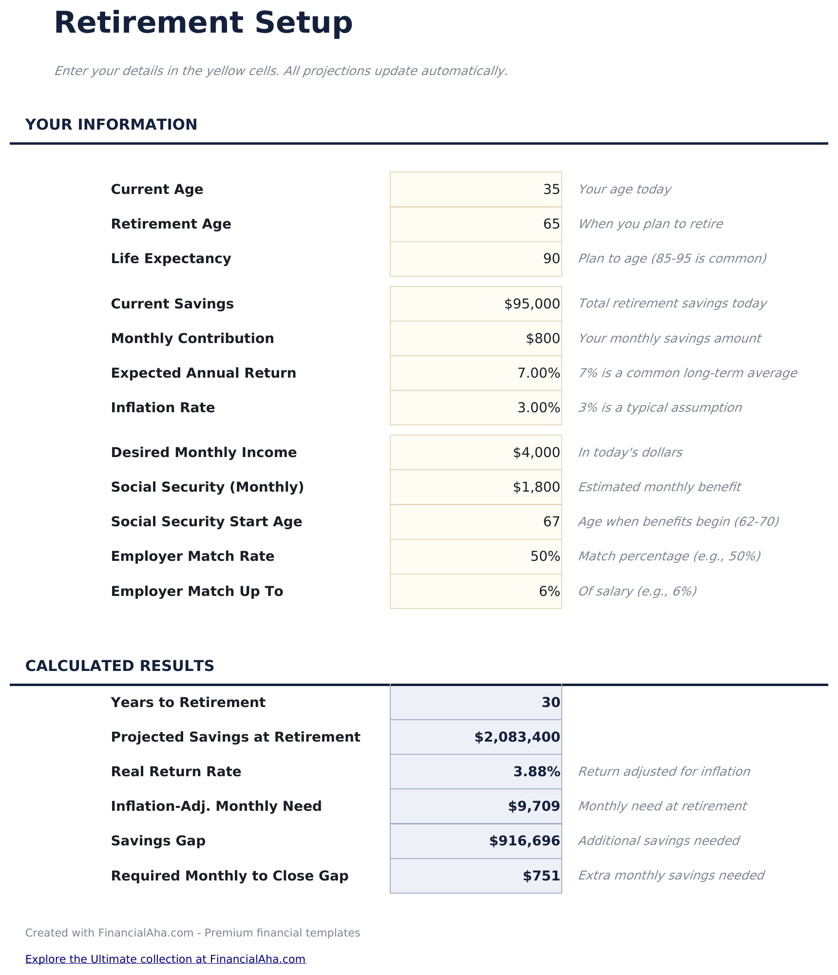 Retirement Calculator - Retirement Setup