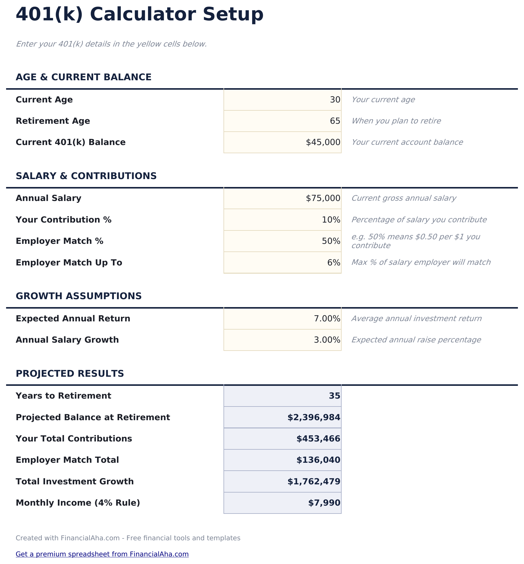 401k Calculator - 401k Setup