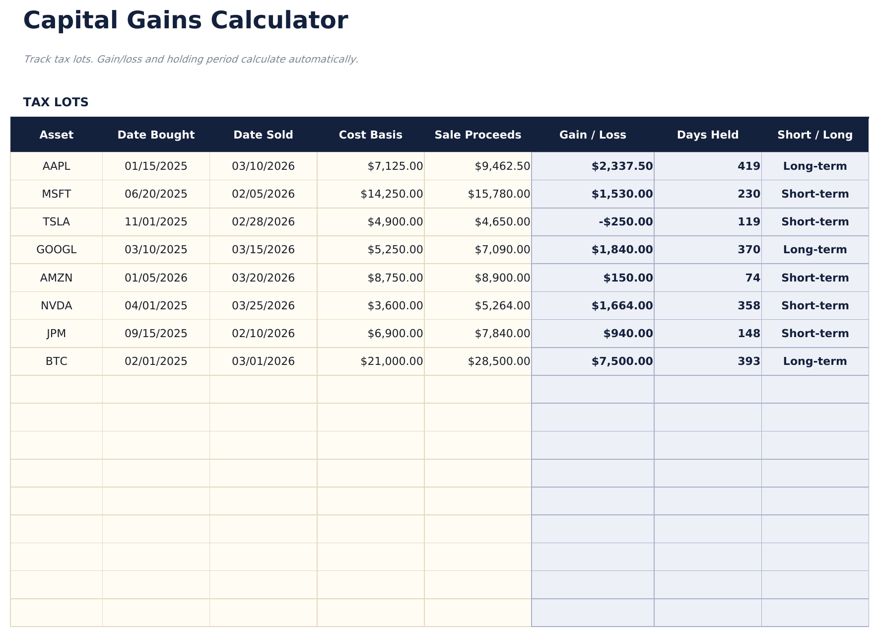 Capital Gains Calculator - Tax Lots