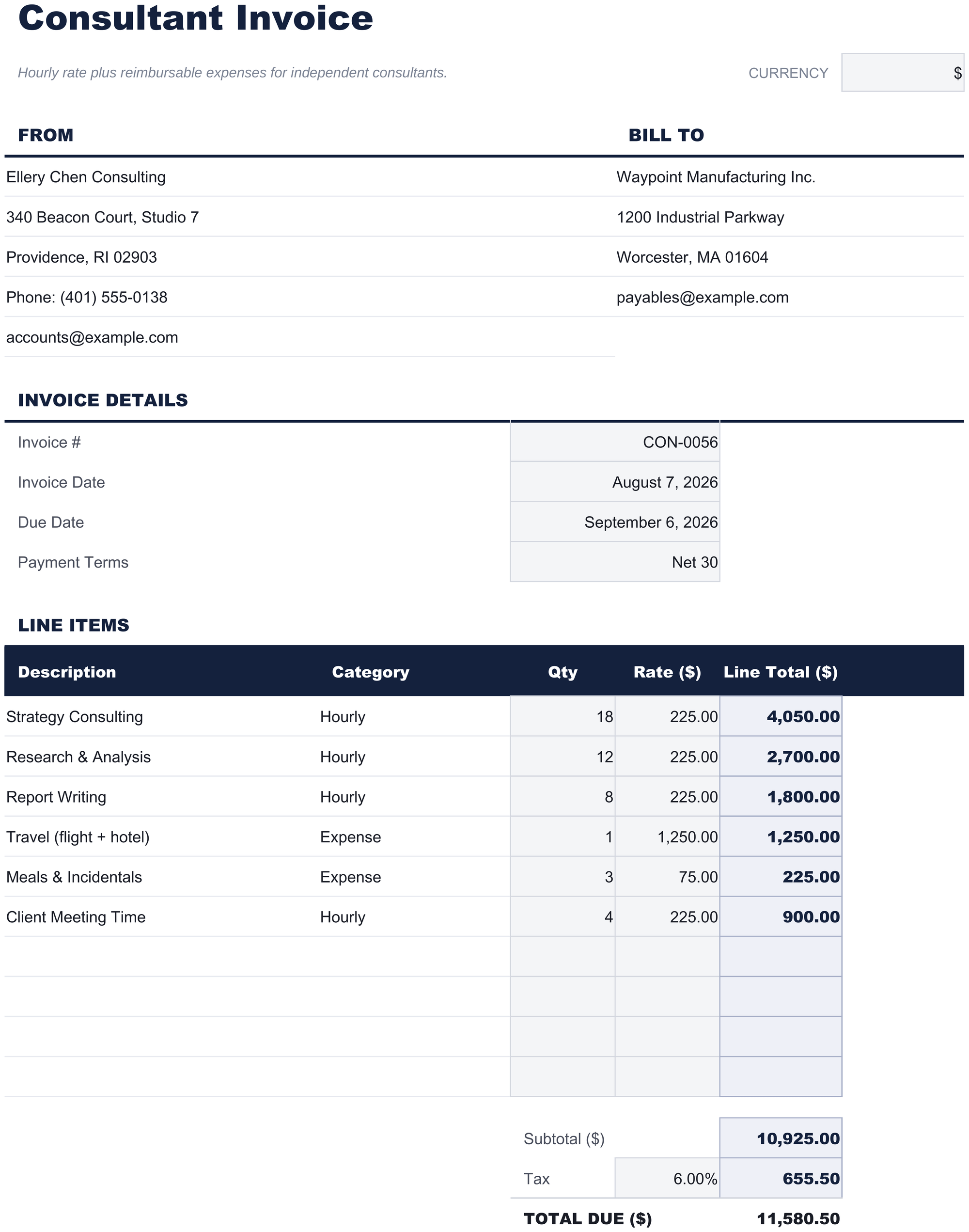 FinancialAha Consultant Invoice spreadsheet template - Consultant Invoice sheet