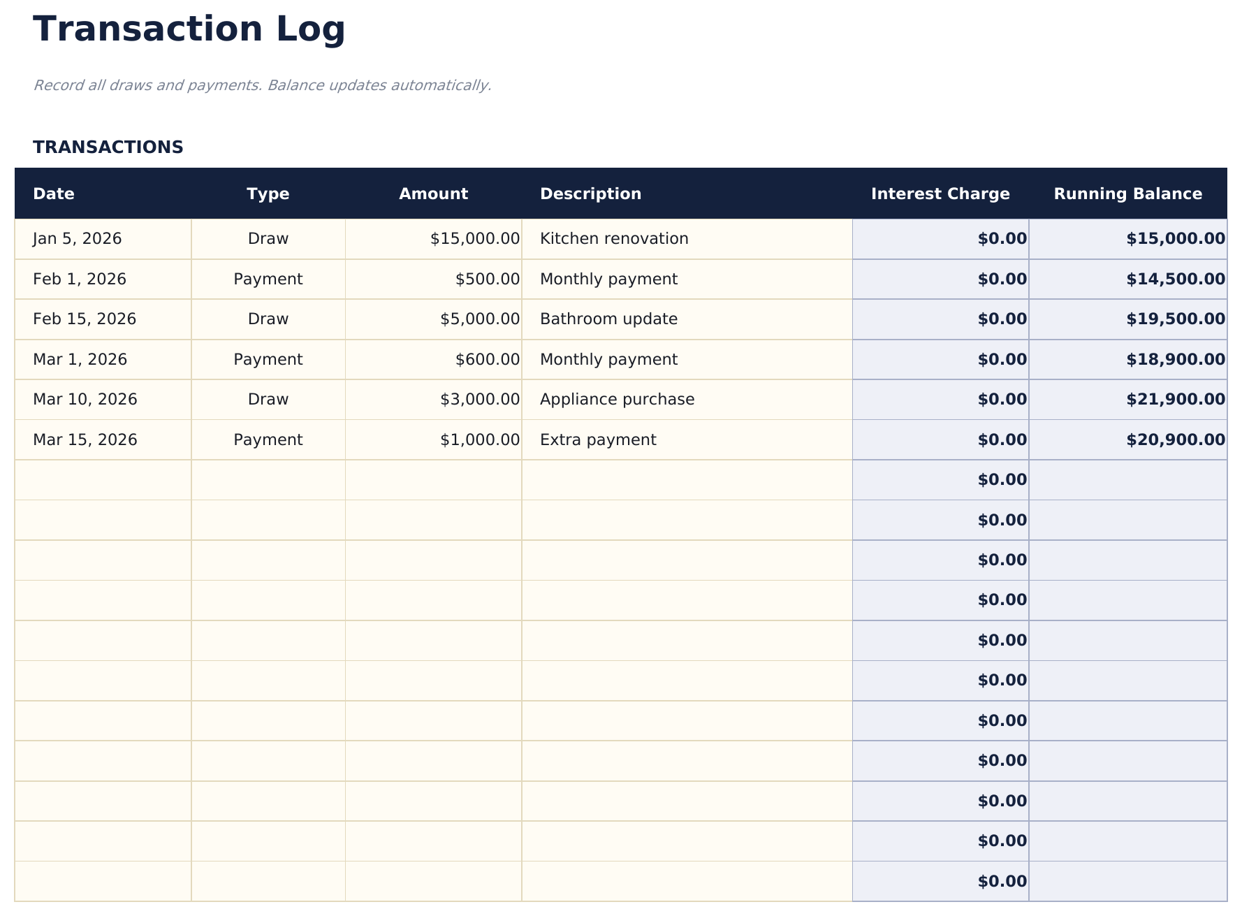 Line of Credit Tracker - Transaction Log