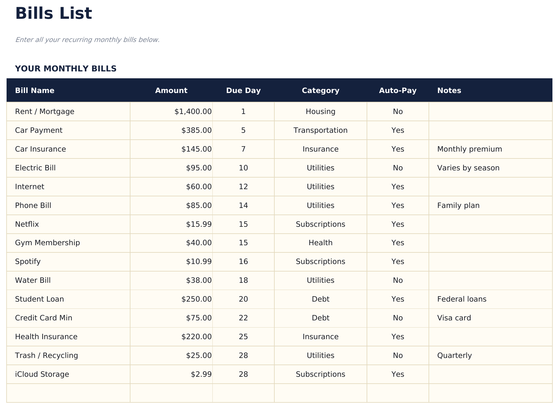 Monthly Budget Calendar - Bills List