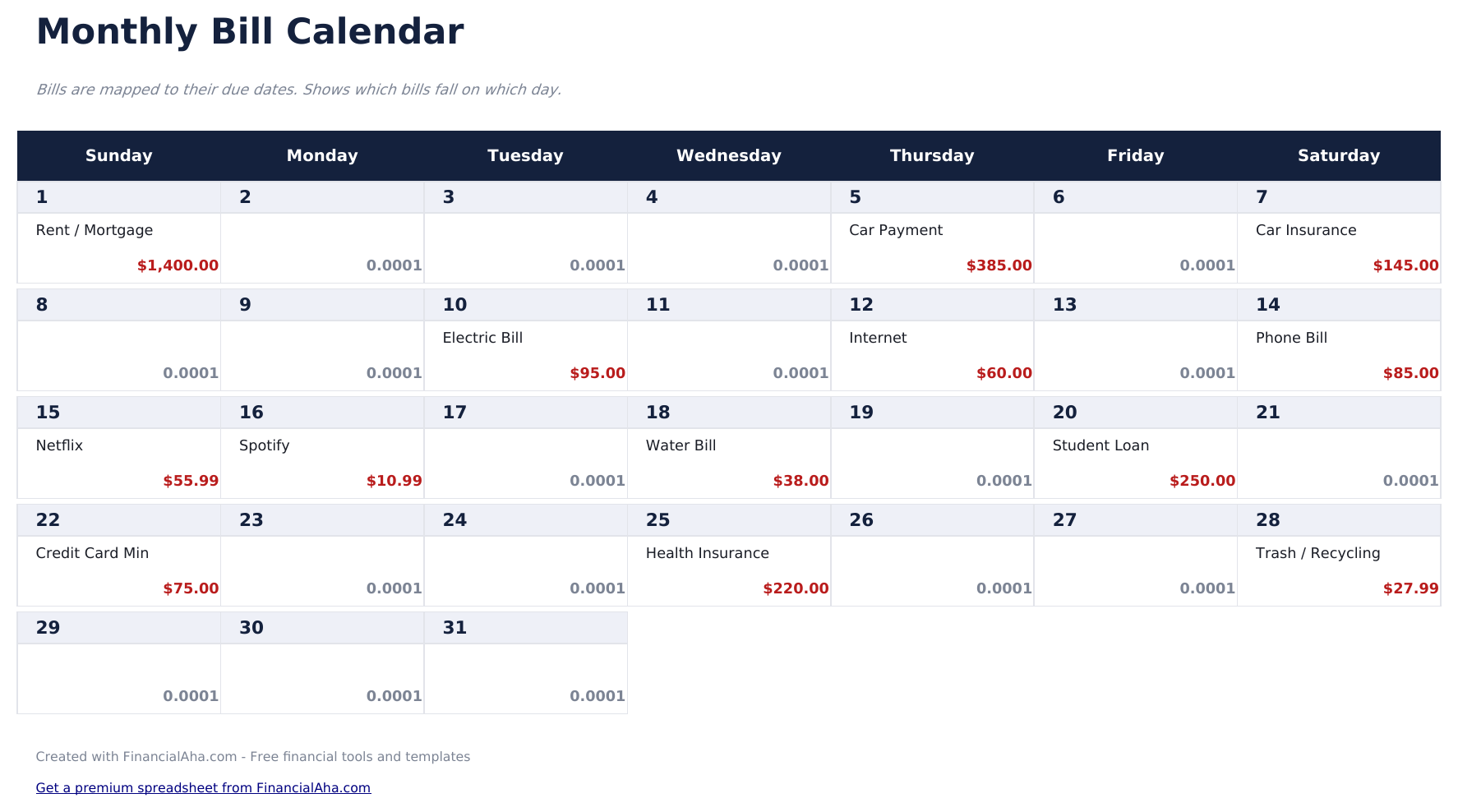 Monthly Budget Calendar - Calendar