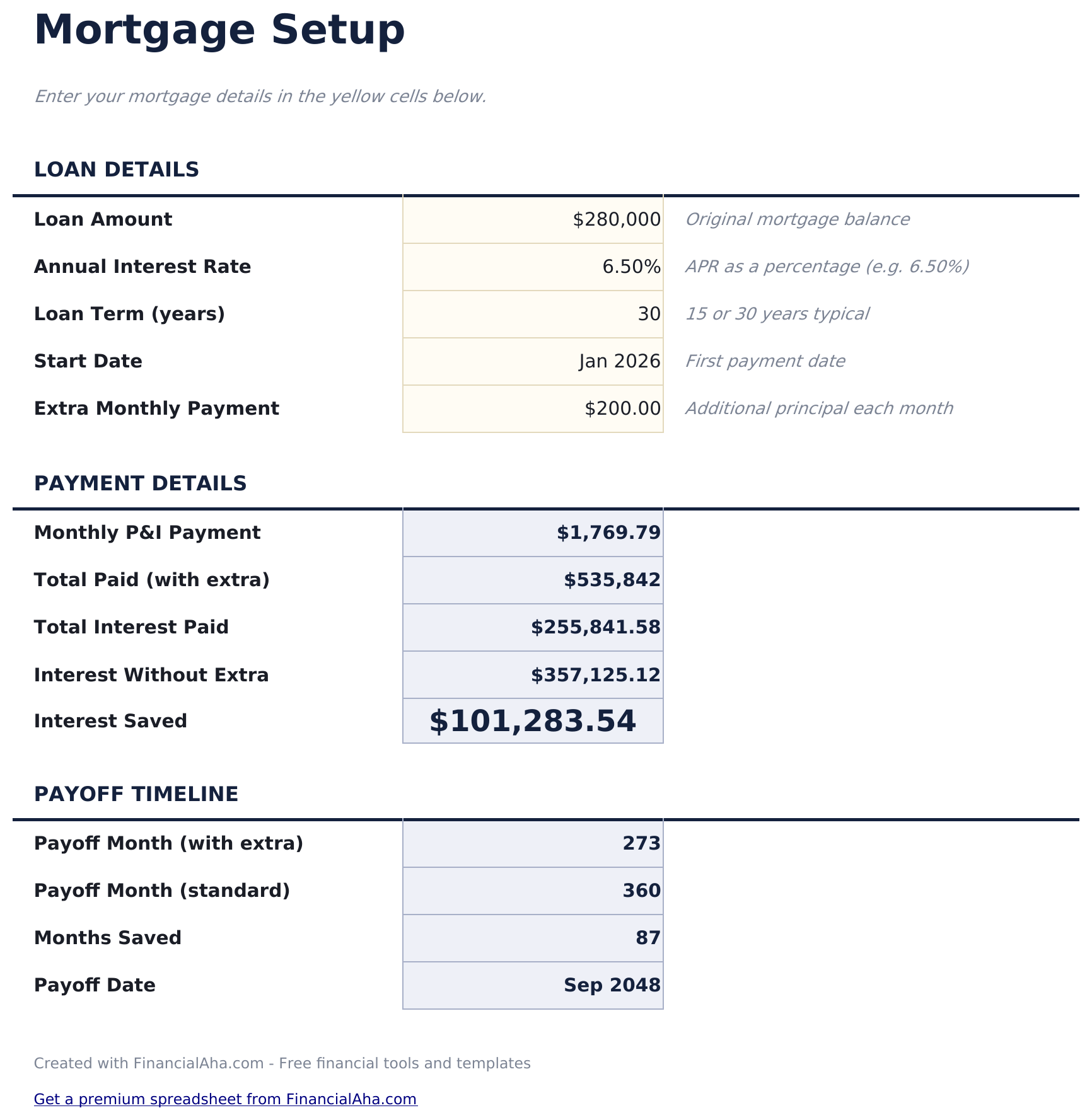 Mortgage Payoff Calculator - Mortgage Setup