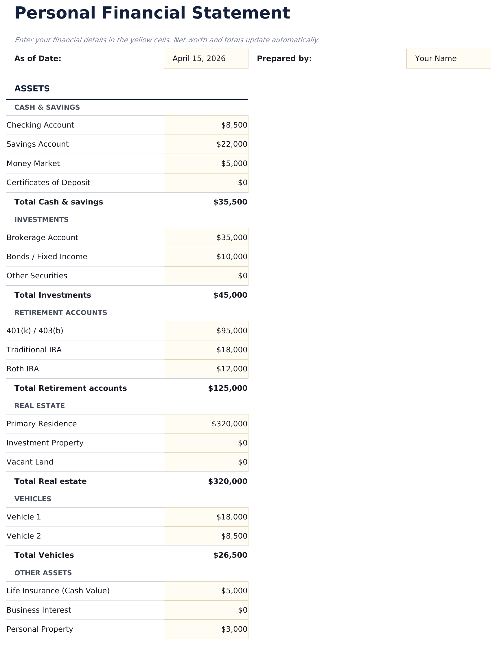 Personal Financial Statement - Financial Statement