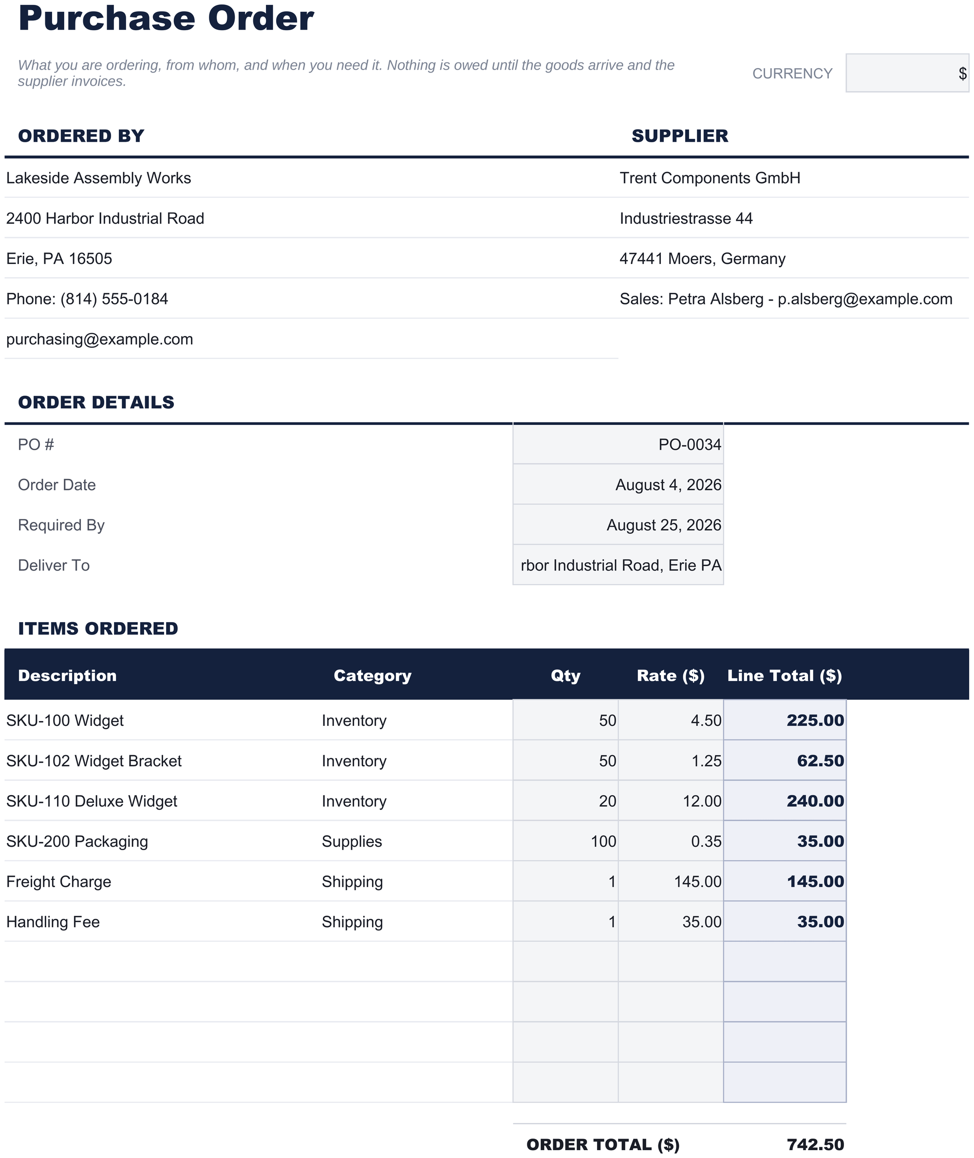 FinancialAha Purchase Order spreadsheet template - PO sheet