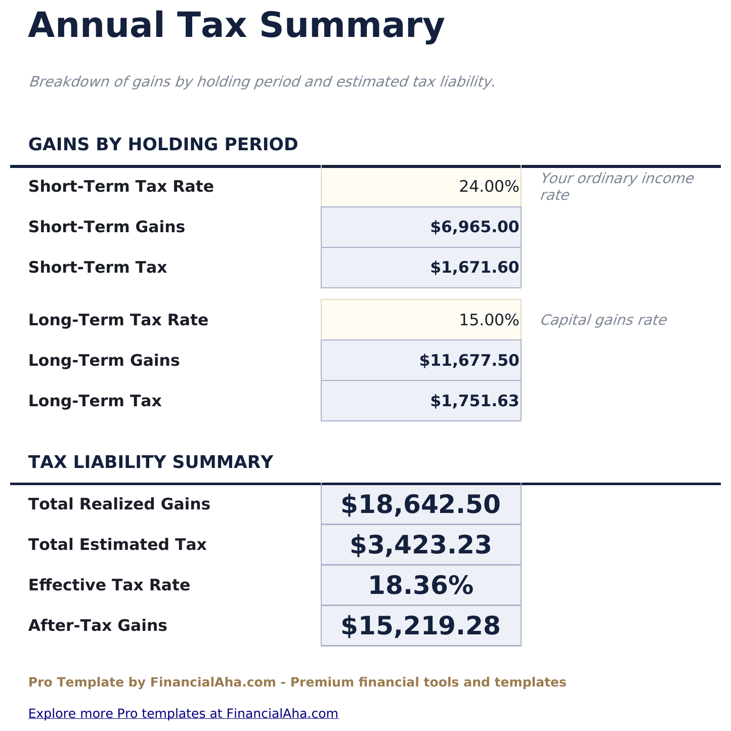 Capital Gains Calculator Pro - Tax Summary