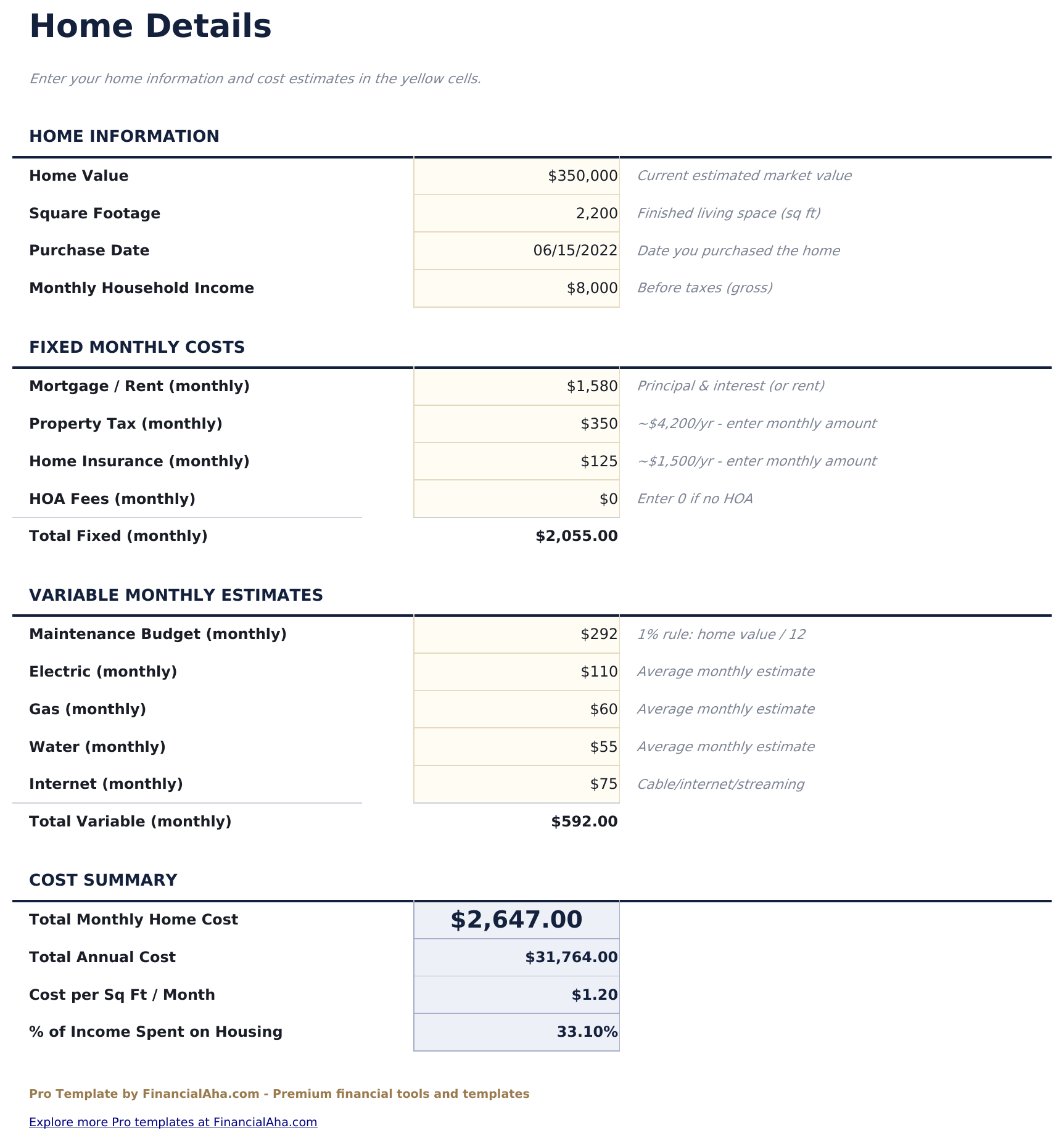 Home Expense Calculator Pro - Home Details