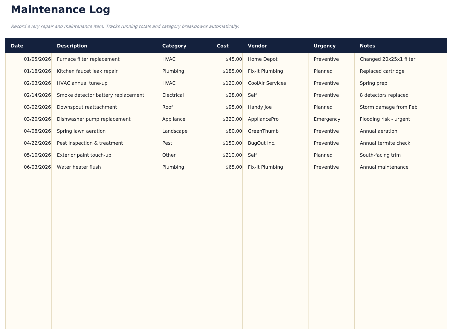 Home Expense Calculator Pro - Maintenance Log