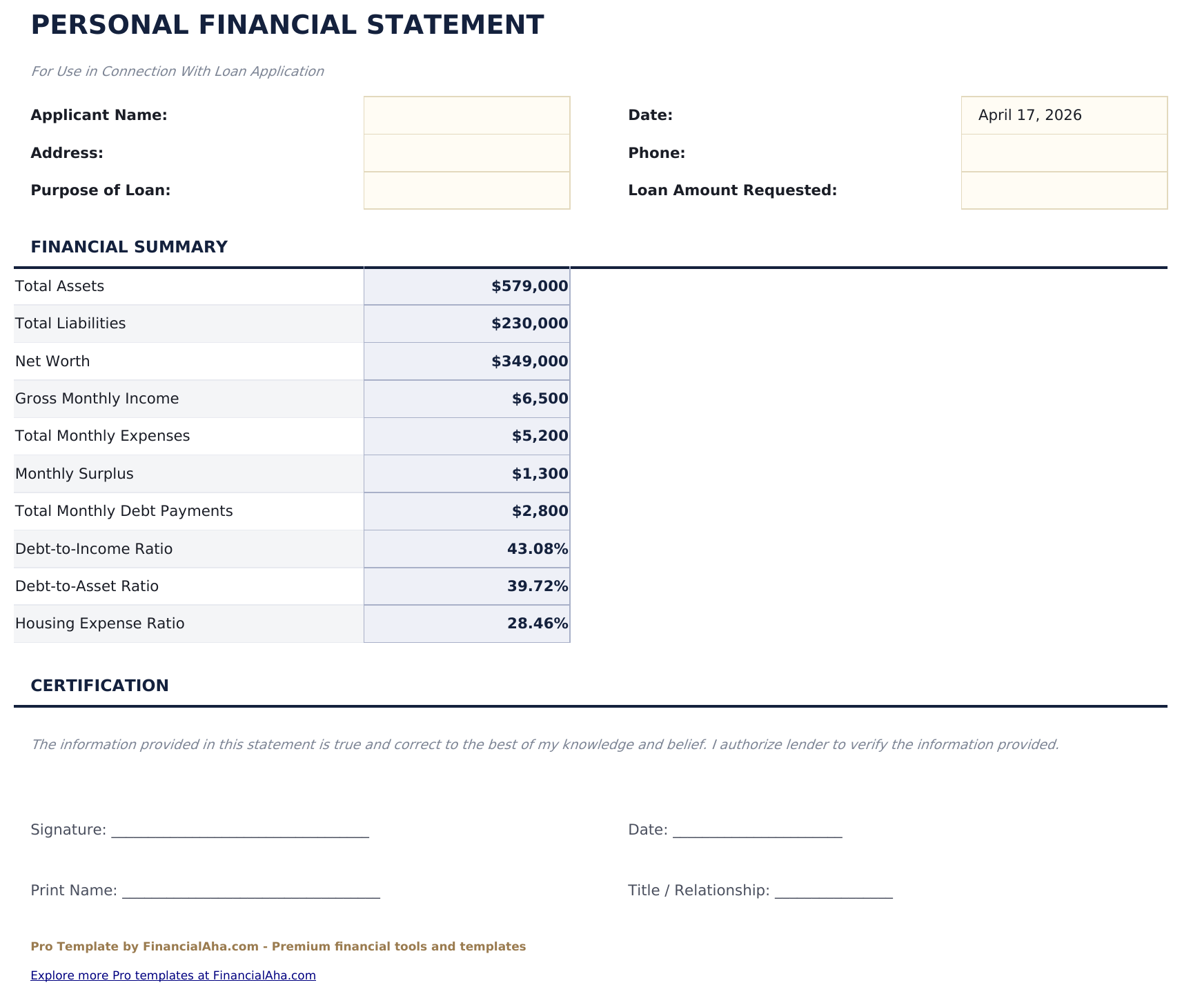 Personal Financial Statement Pro - Lender Summary