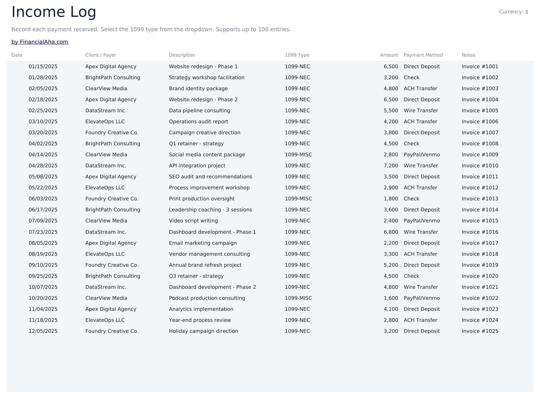 1099 Income Tracker Ultimate - Income Log