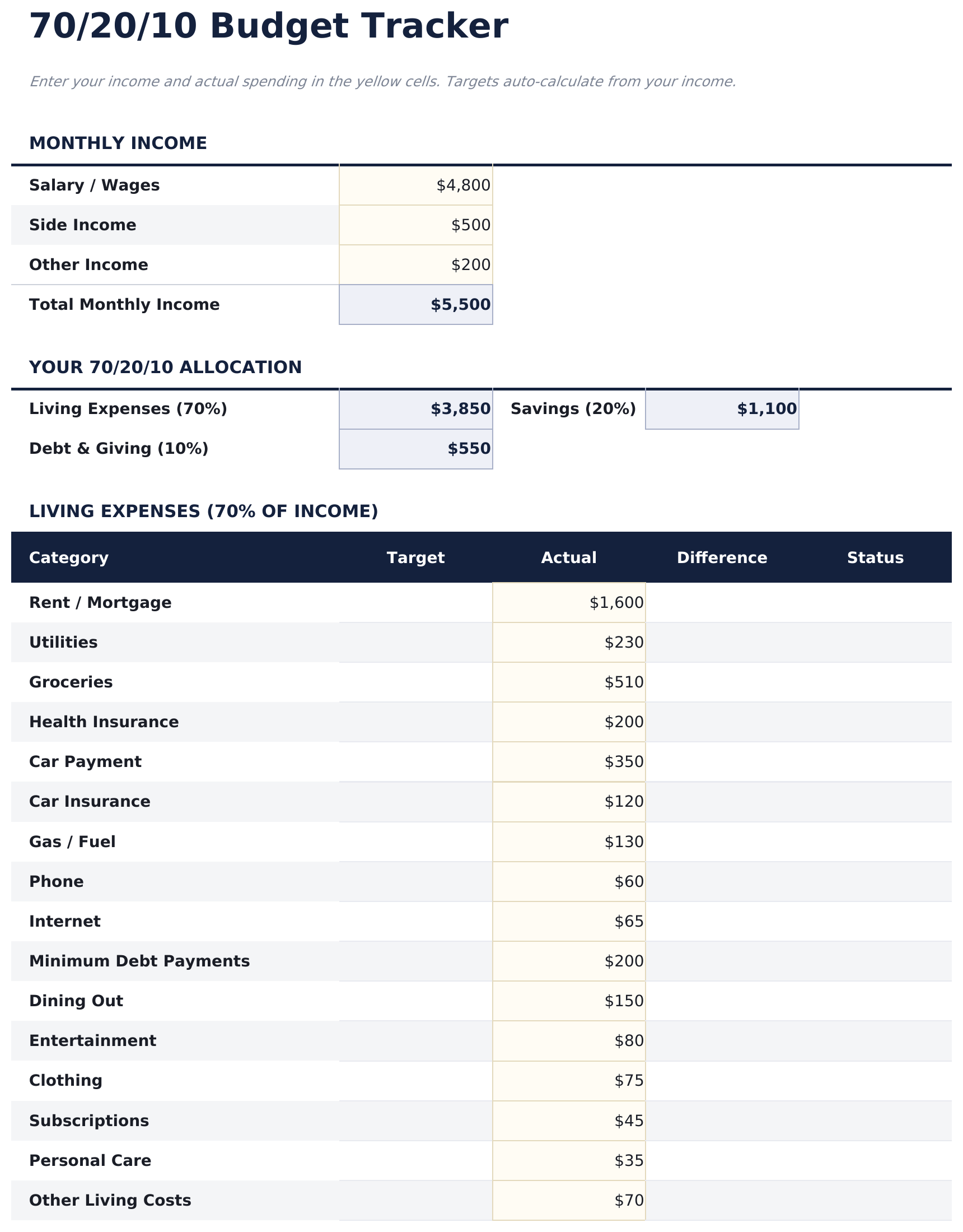 70/20/10 Budget Ultimate - Budget Tracker