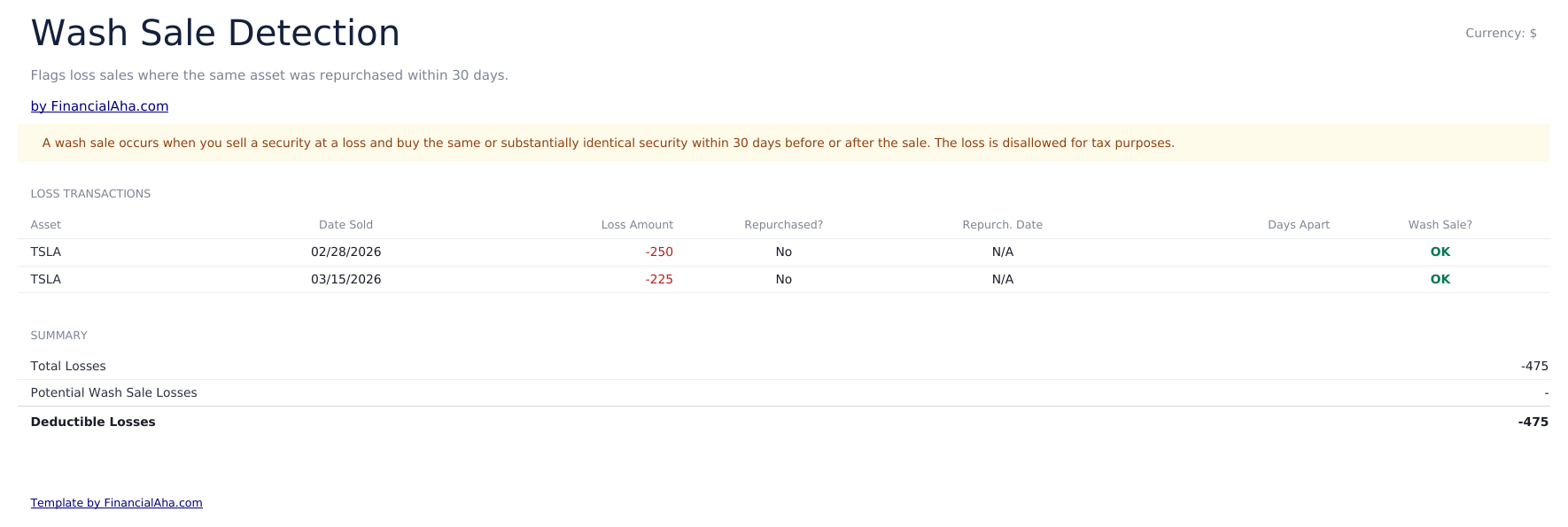 Capital Gains Calculator Ultimate - Wash Sale Tracker