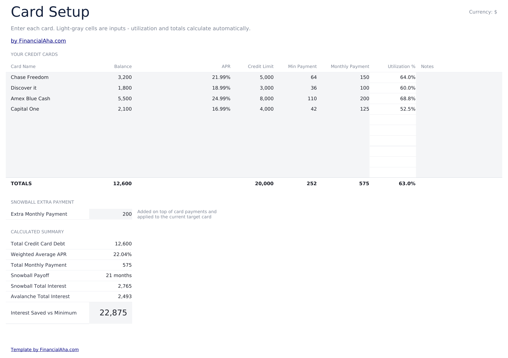 Credit Card Payoff Ultimate - Card Setup