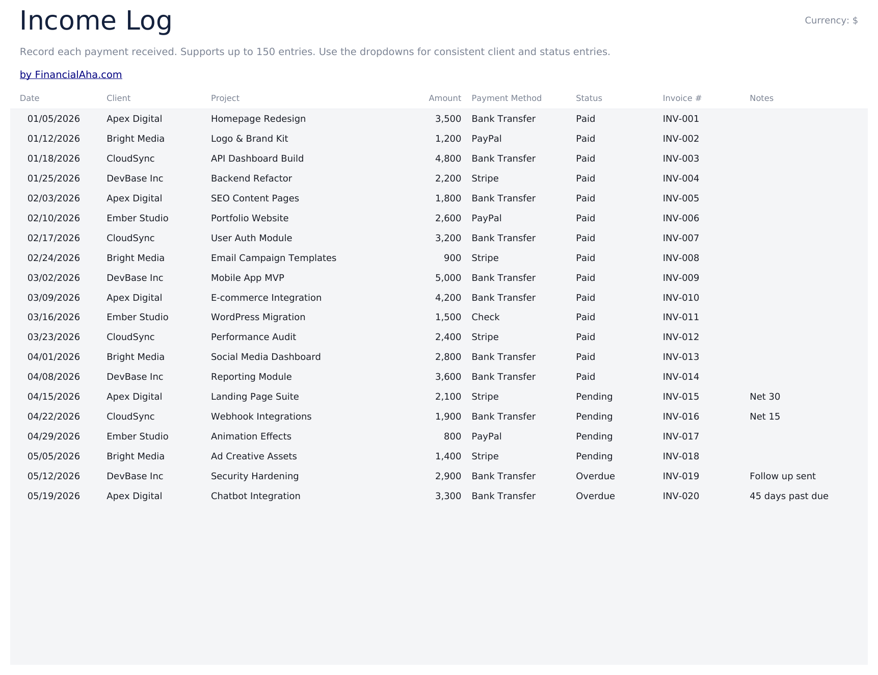 Freelancer Finance Tracker Ultimate - Income Log