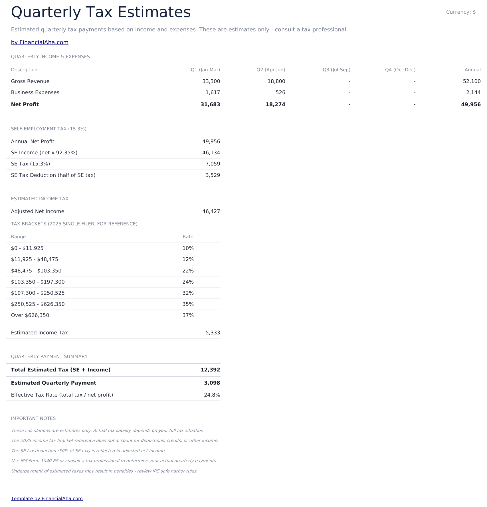 Freelancer Finance Tracker Ultimate - Quarterly Tax