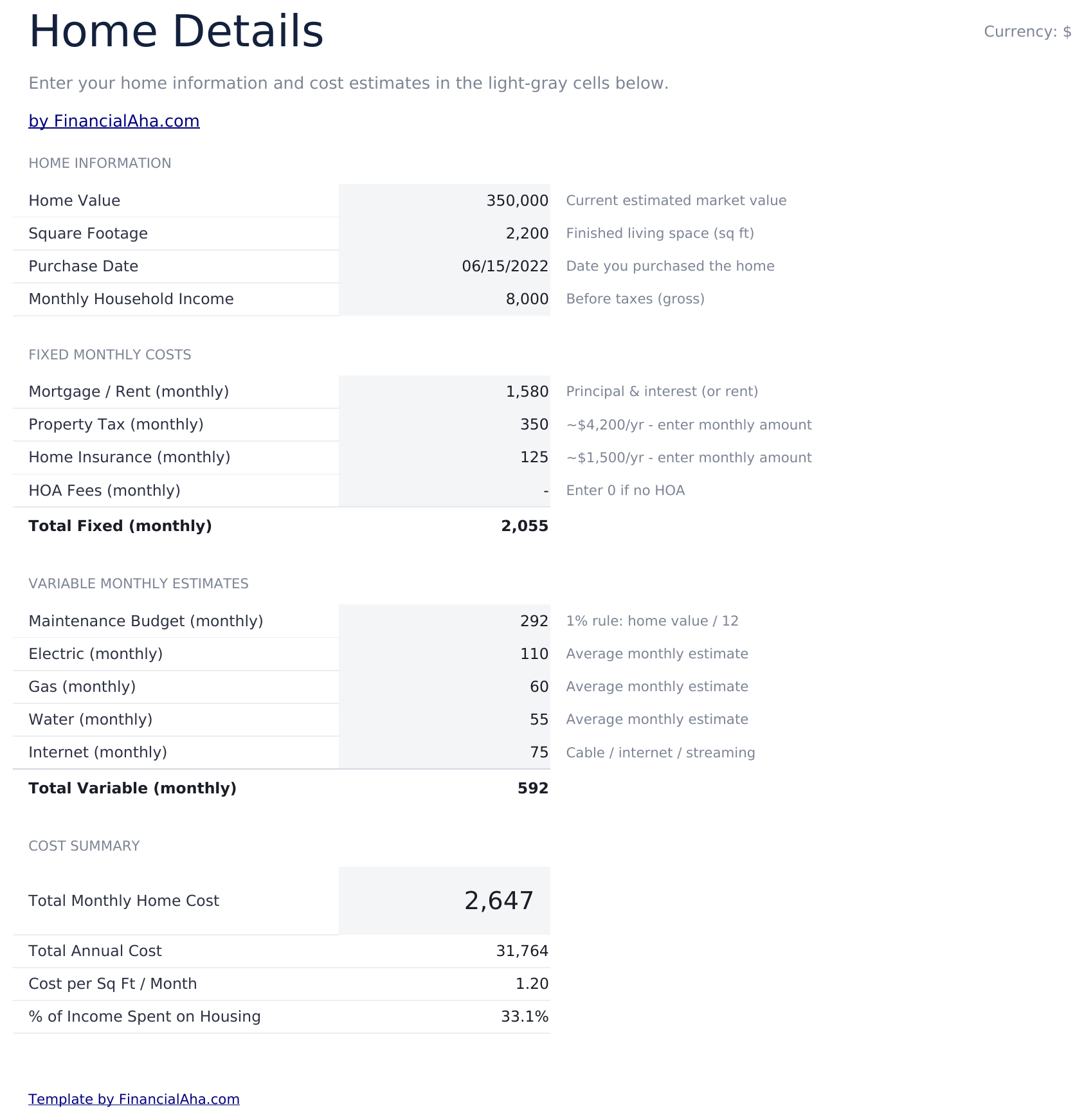 Home Expense Calculator Ultimate - Home Details
