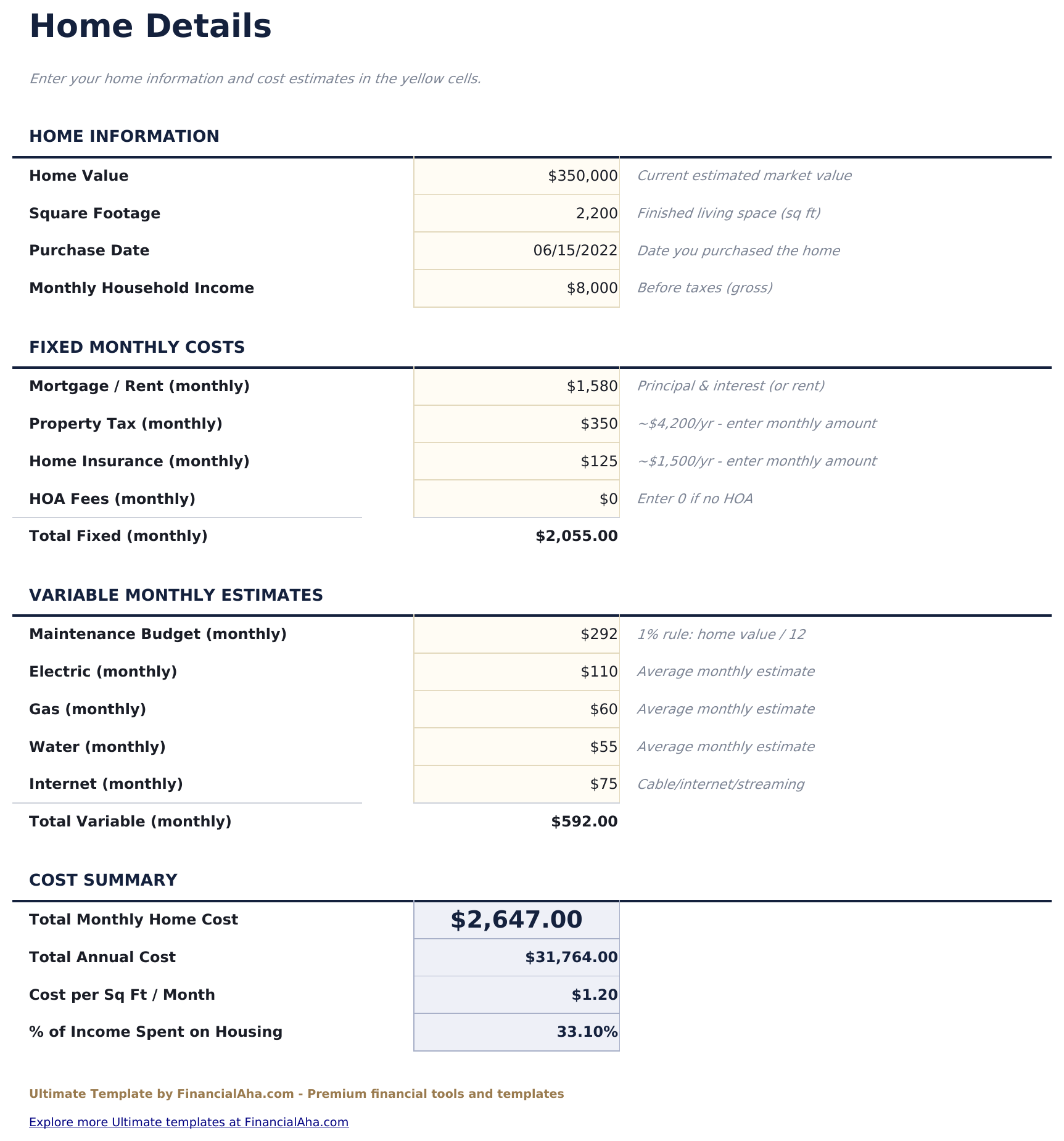 Home Expense Calculator Ultimate - Home Details