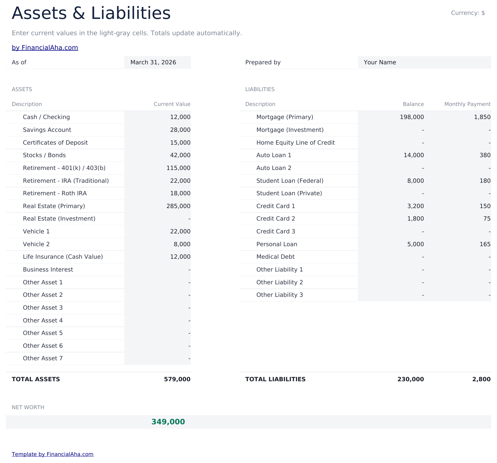 Personal Financial Statement Ultimate - Assets  Amp  Liabilities