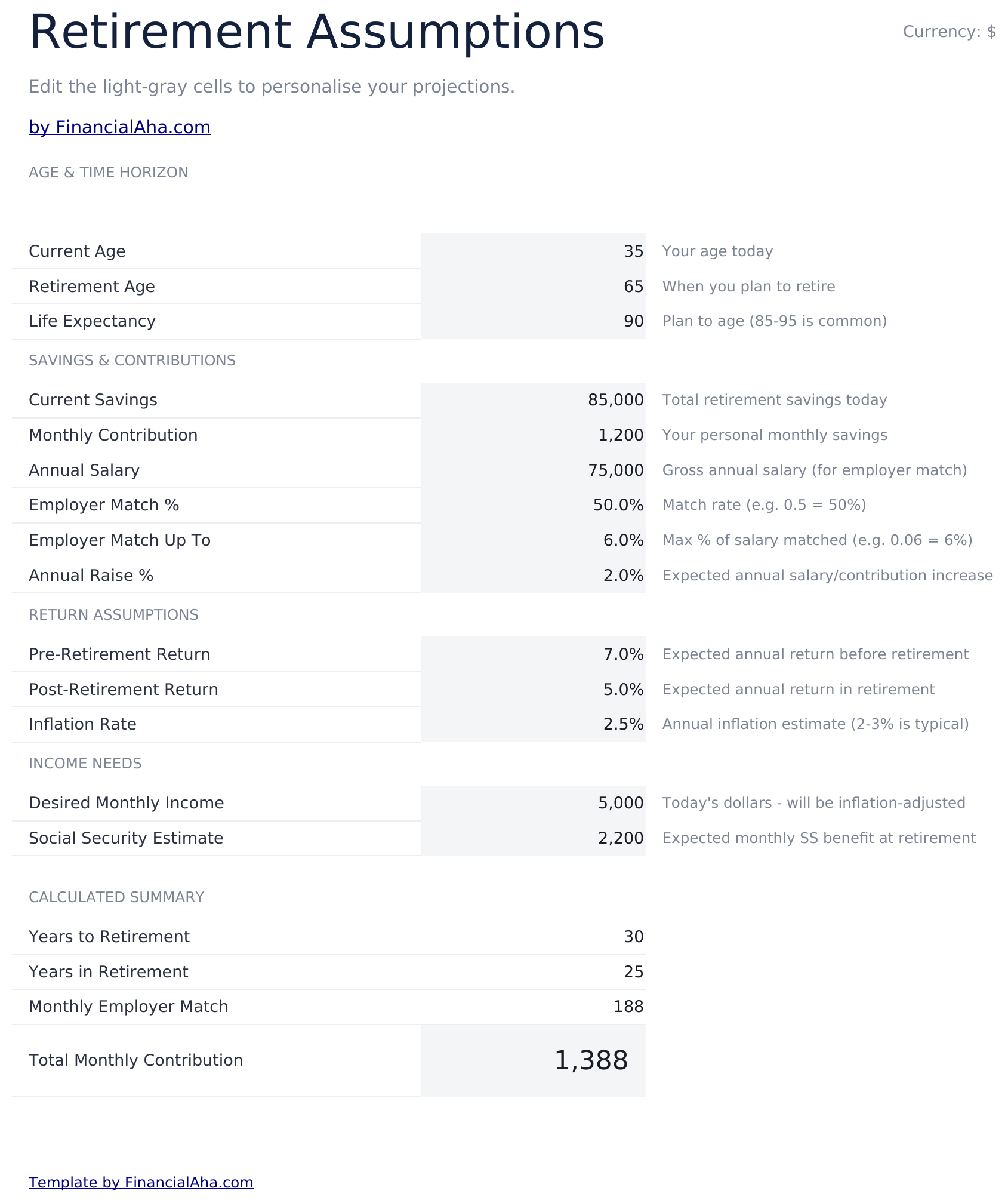 Retirement Calculator Ultimate - Assumptions