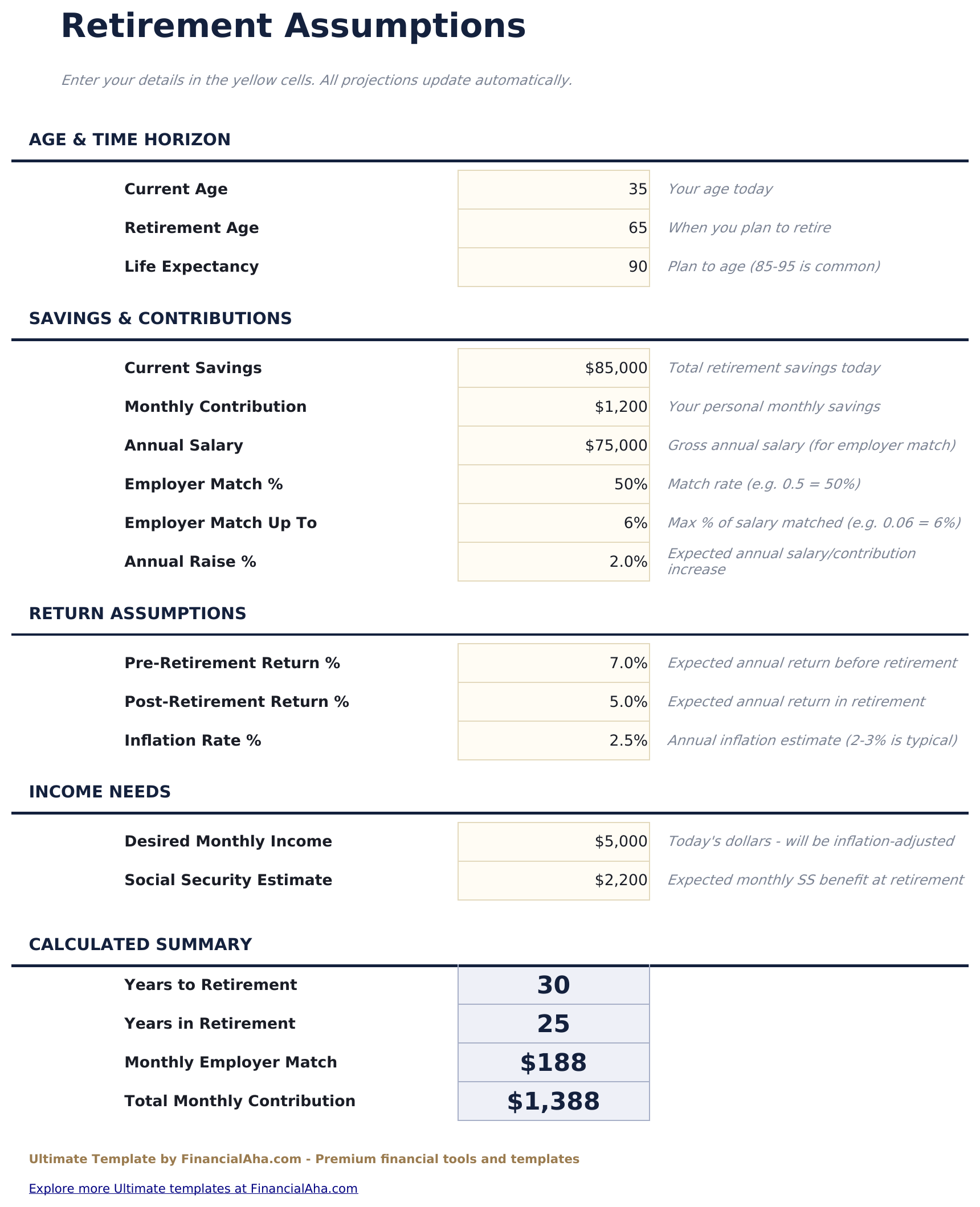 Retirement Calculator Ultimate - Assumptions